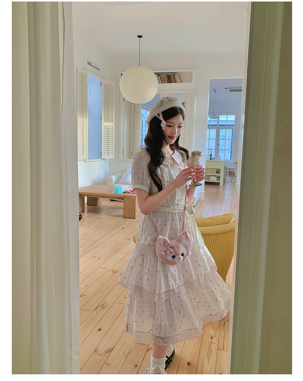 “Peach Mist Daydream” Ivory Polka Floral Cake Dress