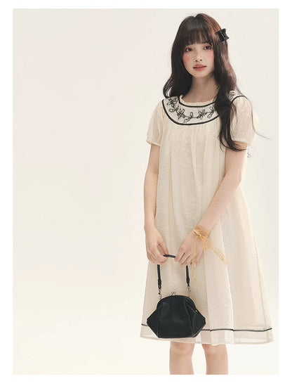 "Midnight Princess" Yellow Flower Rope Embroidered Babydoll Midi Dress