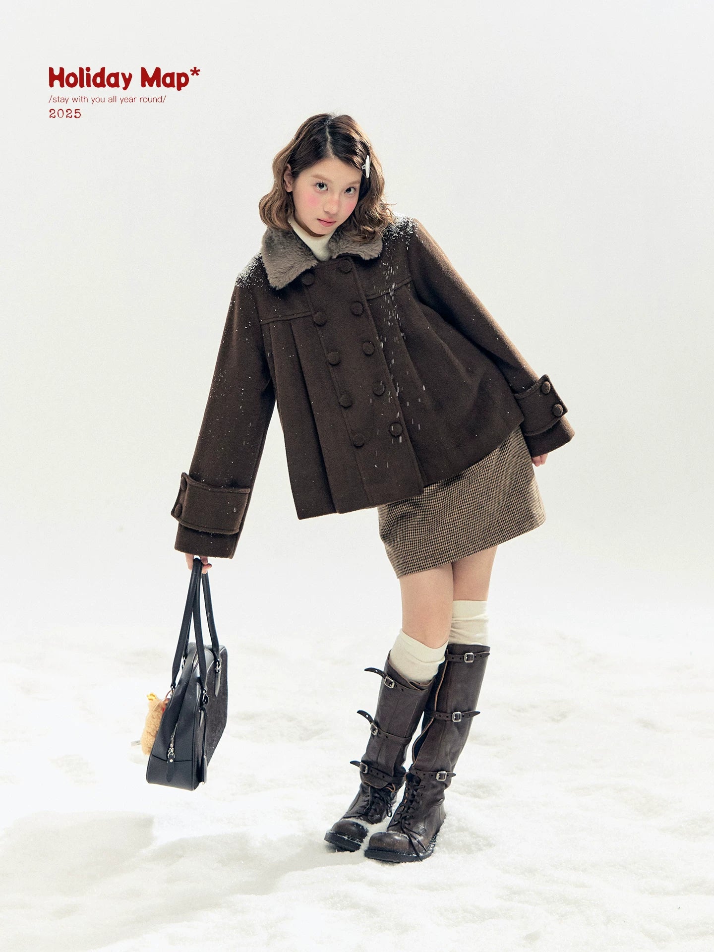 "Berlin Snowfall" Double-Breasted Quilted Wool-Blend Peacoat (Ivory/ Chocolate Brown)