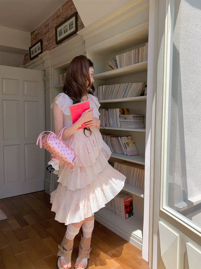 “Cloud Ruffle Reverie” Cream Apricot Floral Ruffle Dress
