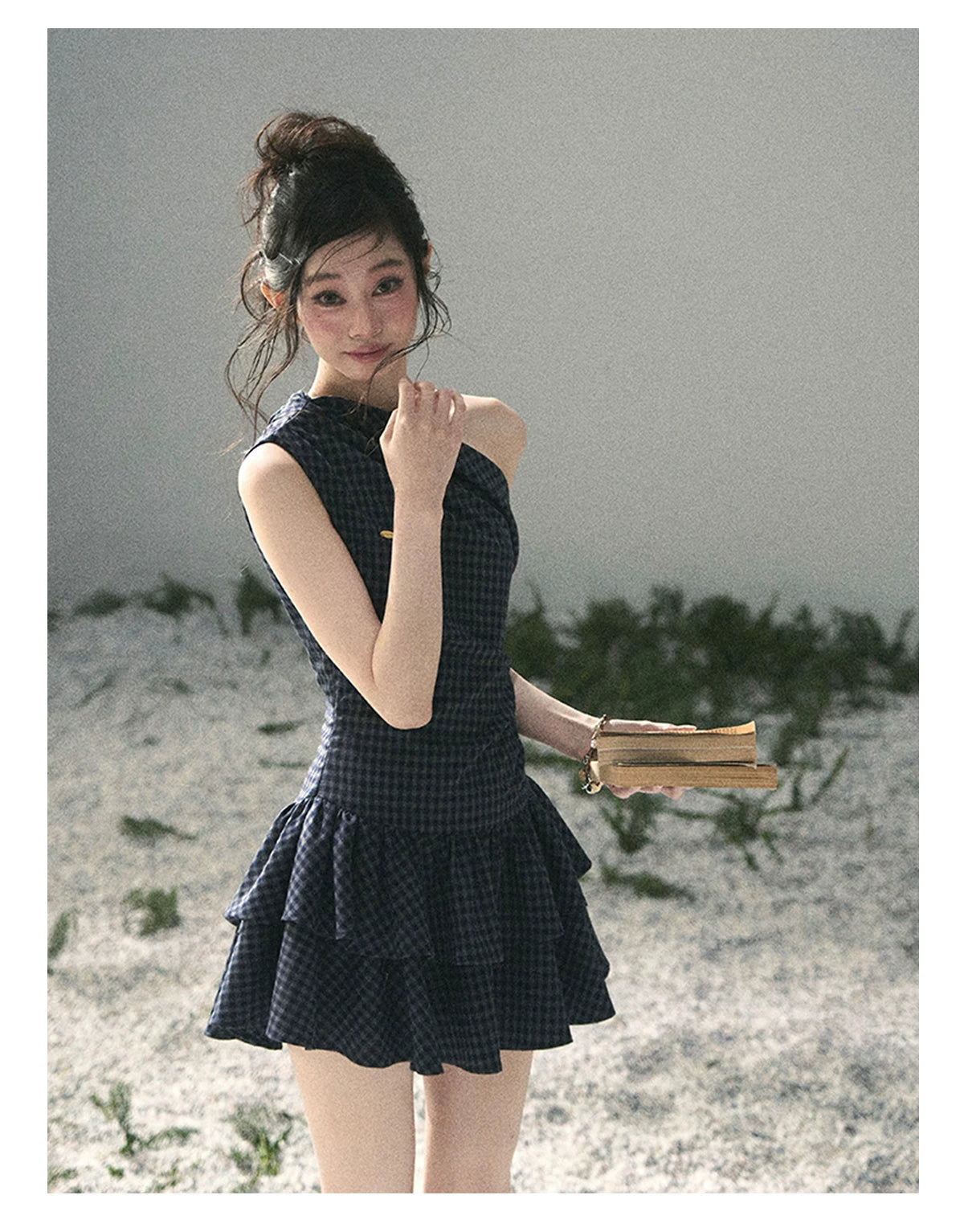 "Moonlit Bellflower Reverie" Navy Plaid One-Shoulder Mini Dress 567474