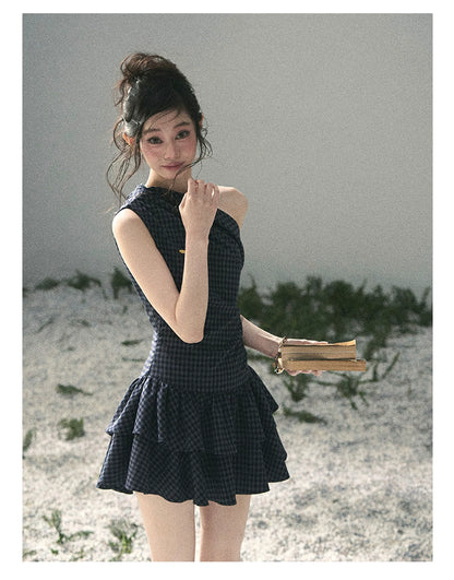 "Moonlit Bellflower Reverie" Navy Plaid One-Shoulder Mini Dress 567474