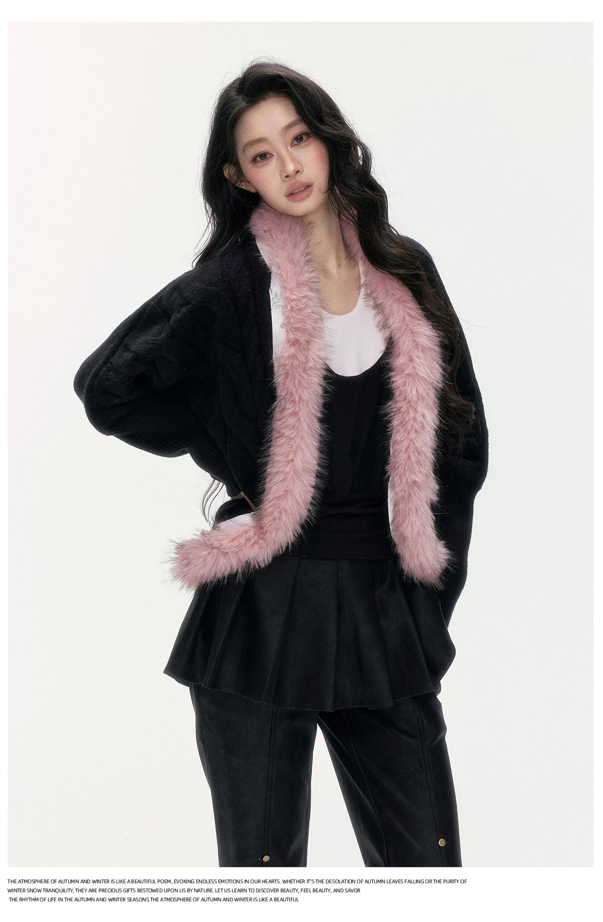 24olvides - Black Pink Cable Knit Cardigan with Detachable Faux Fur Collar