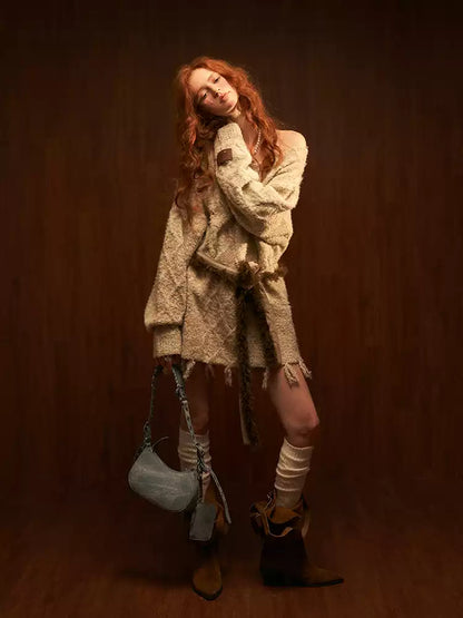MAMC - Oatmeal Off-Shoulder Fringe Sweater (With Belt) WE430