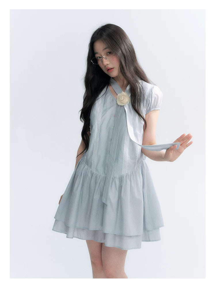 "Cedar Salt" Cool Moon Blue Lace Trim Puff Sleeve Dress