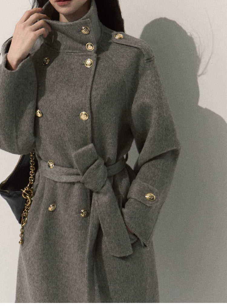 OAKMOO/ Pure Wool Belted Double-Faced Stand Collar Coat (Silver Blue / Flint Gray)