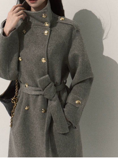 OAKMOO/ Pure Wool Belted Double-Faced Stand Collar Coat (Silver Blue / Flint Gray)