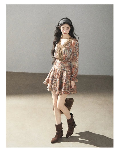 AOMALM - “Whispers of Withered Branches” Rich Cocoa French Lace Chiffon Mini Dress with Tights