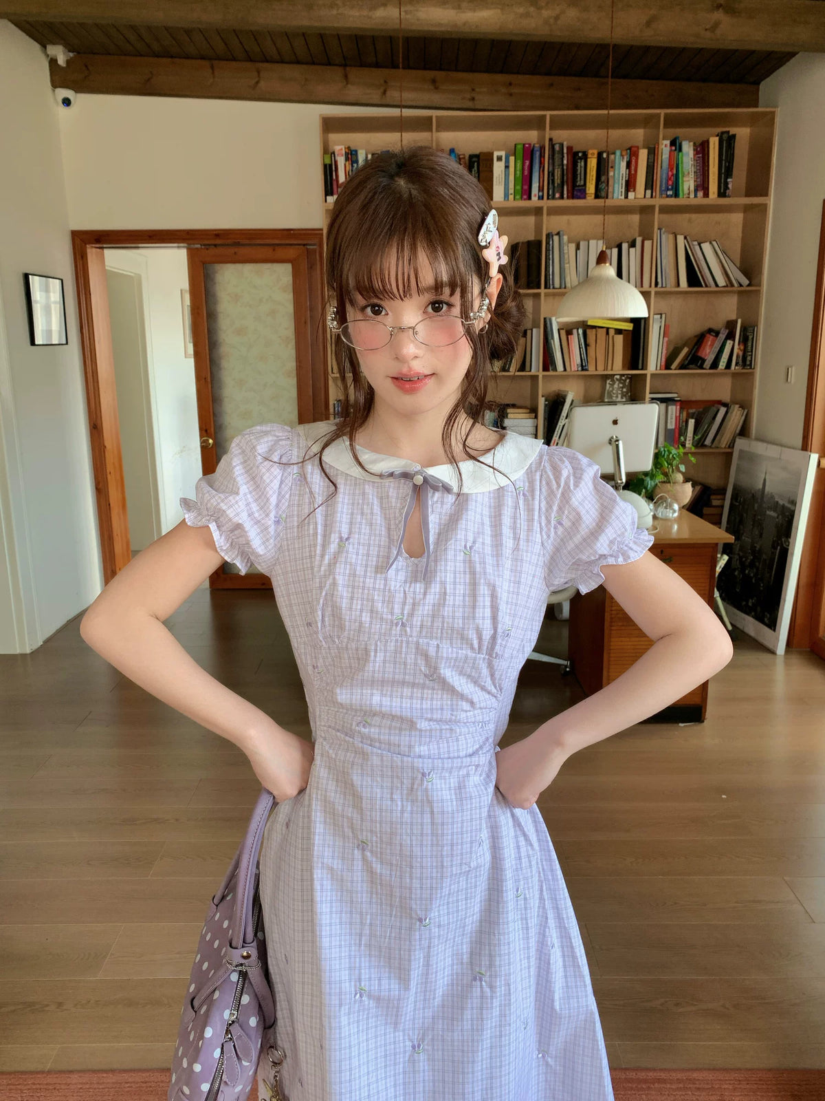 [RF] “Taro Milk Pudding” Purple Plaid Ruffle Midi Dress