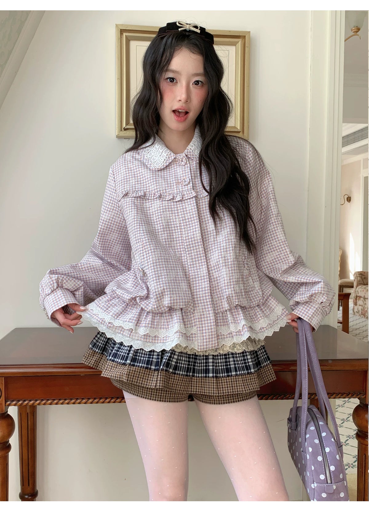 [RF] “Cream Garden Reverie” Light Purple Plaid Ruffle Lace-Trim Jacket