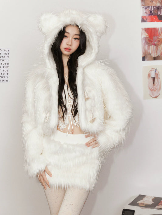 White Cloud Bear Faux Fur Jacket & Skirt Set