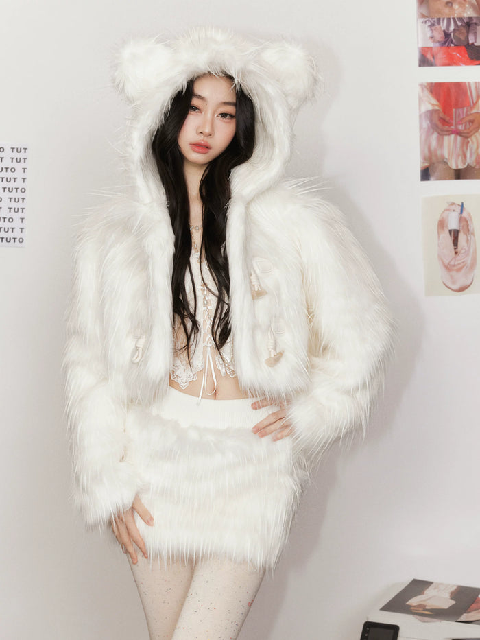 White Cloud Bear Faux Fur Jacket & Skirt Set