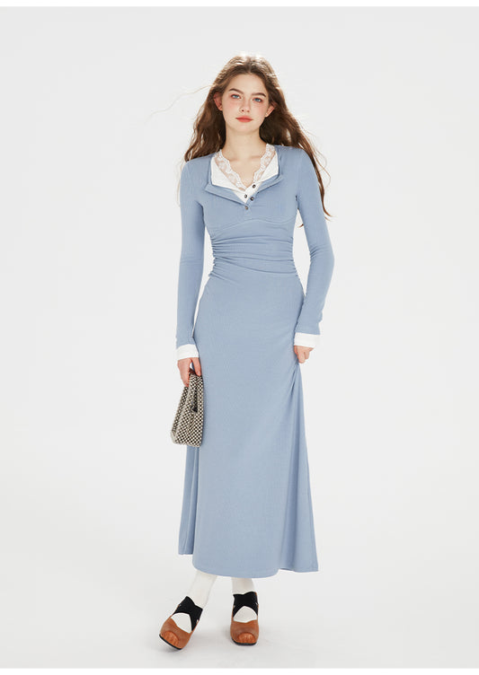 Frog Blue Stitching Lace Dress