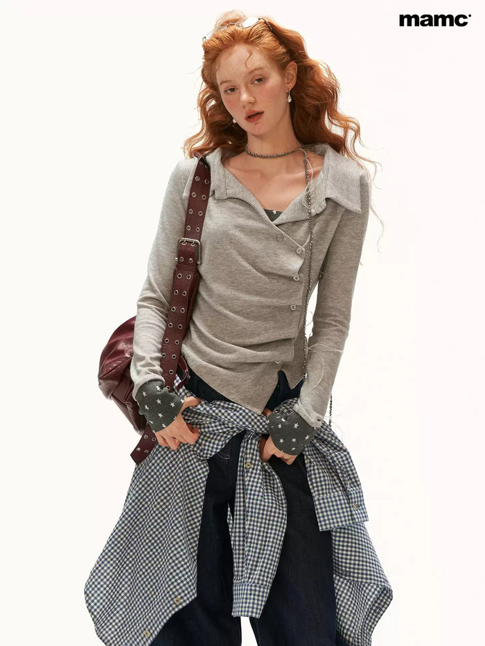 MAMC - Gray Star-Print Layered Polo Collar Long Sleeve Top