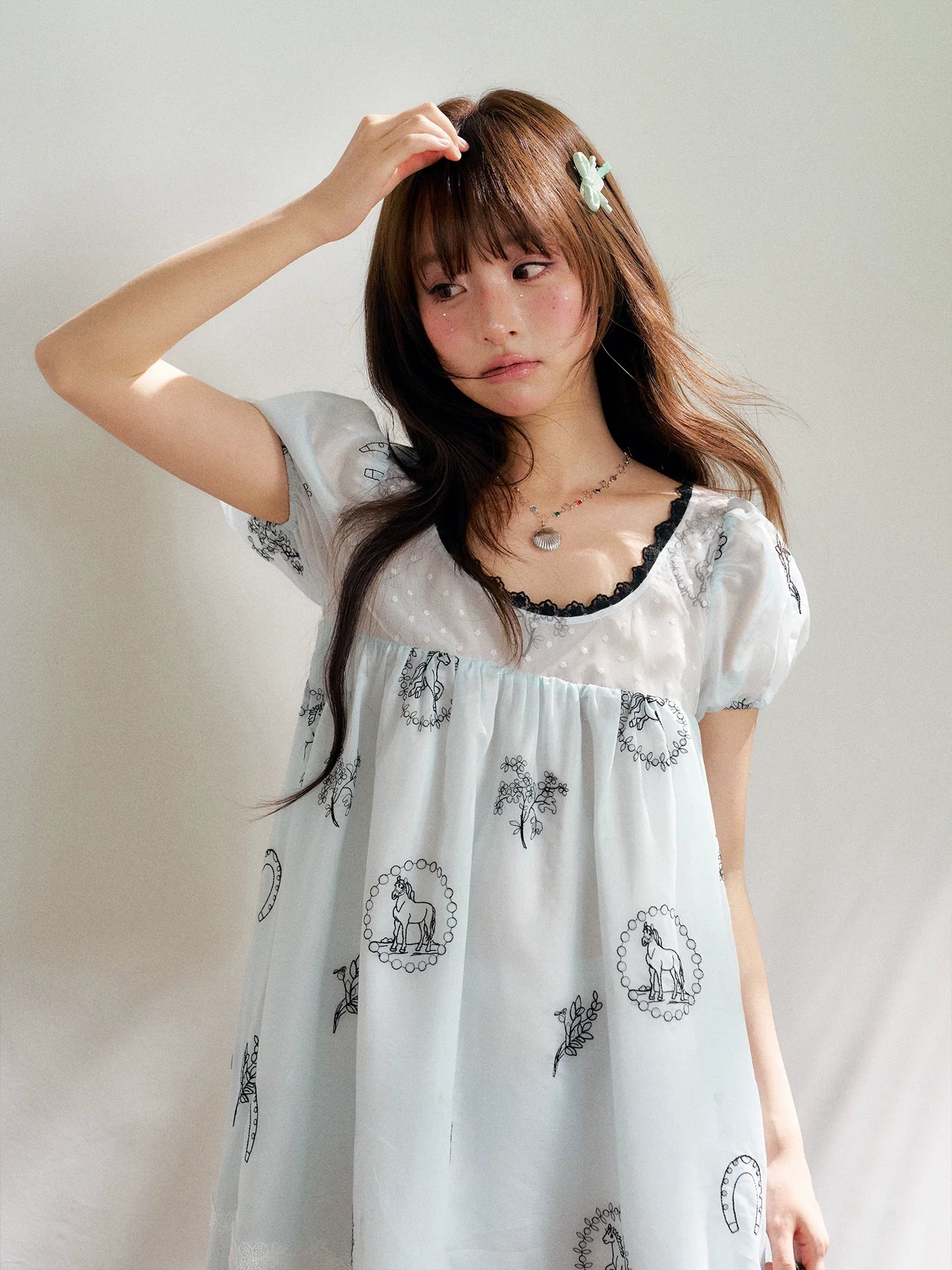 “Brown Sugar Fairytale” Blue Embroidered Puff Sleeve Dress