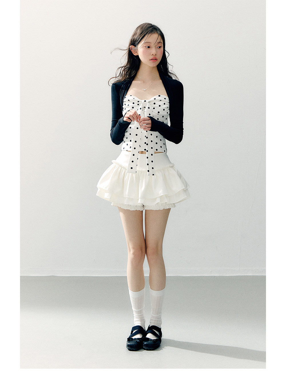 ANNATTO - Polka Dot Lyocell Faux Two-Piece Long Sleeve Top & White Skirt Set