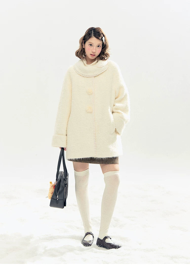 "Snow-Kissed Sakura" Ivory Wool-Blend Quilted Mid-Length Coat with Detachable Plush Flowers