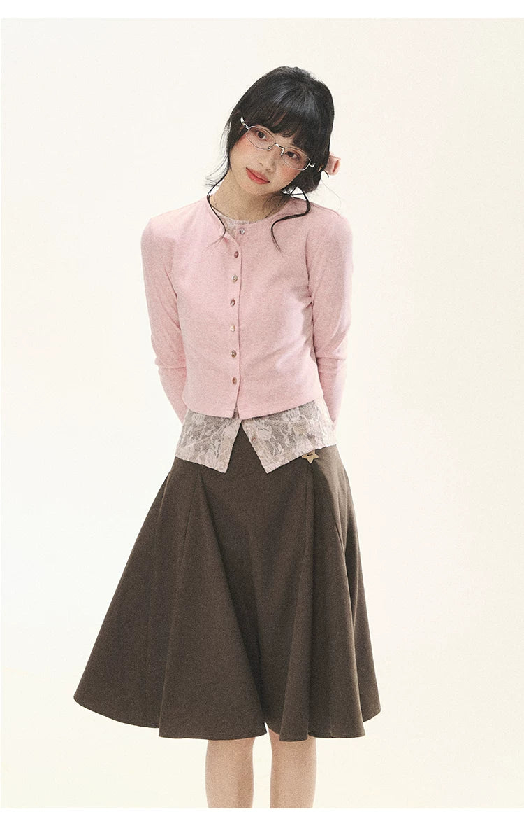 "Layered Blossom" Faux-Layer Knit Cardigan (Sakura Pink/ Heather Gray)