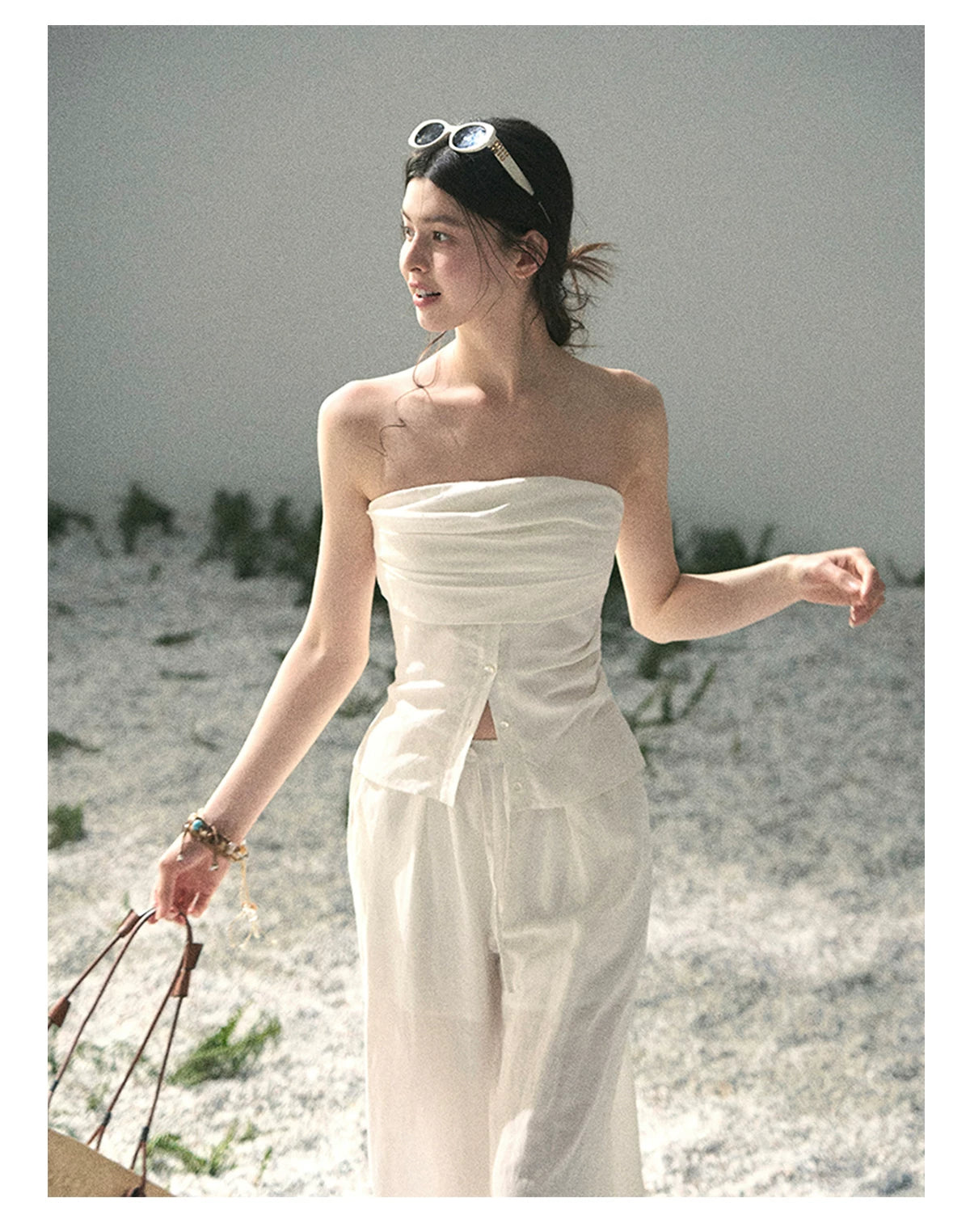“Breath Across the Shoulders” Natural Beige Layered Bustier Top & Wide-Leg Trousers
