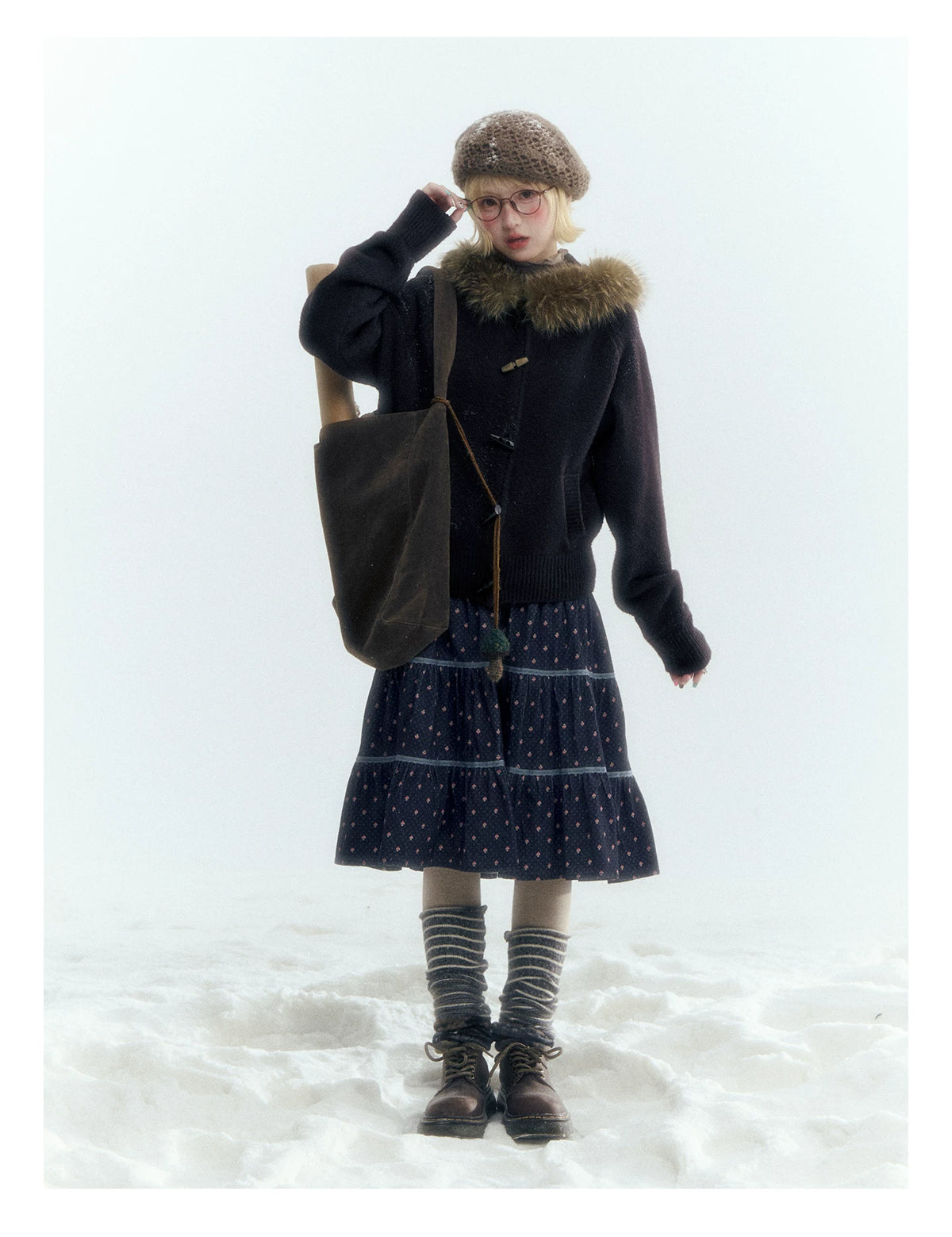 Horridale - Dark Coffee Brown Hooded Knit Cardigan with Detachable Faux Fur Collar