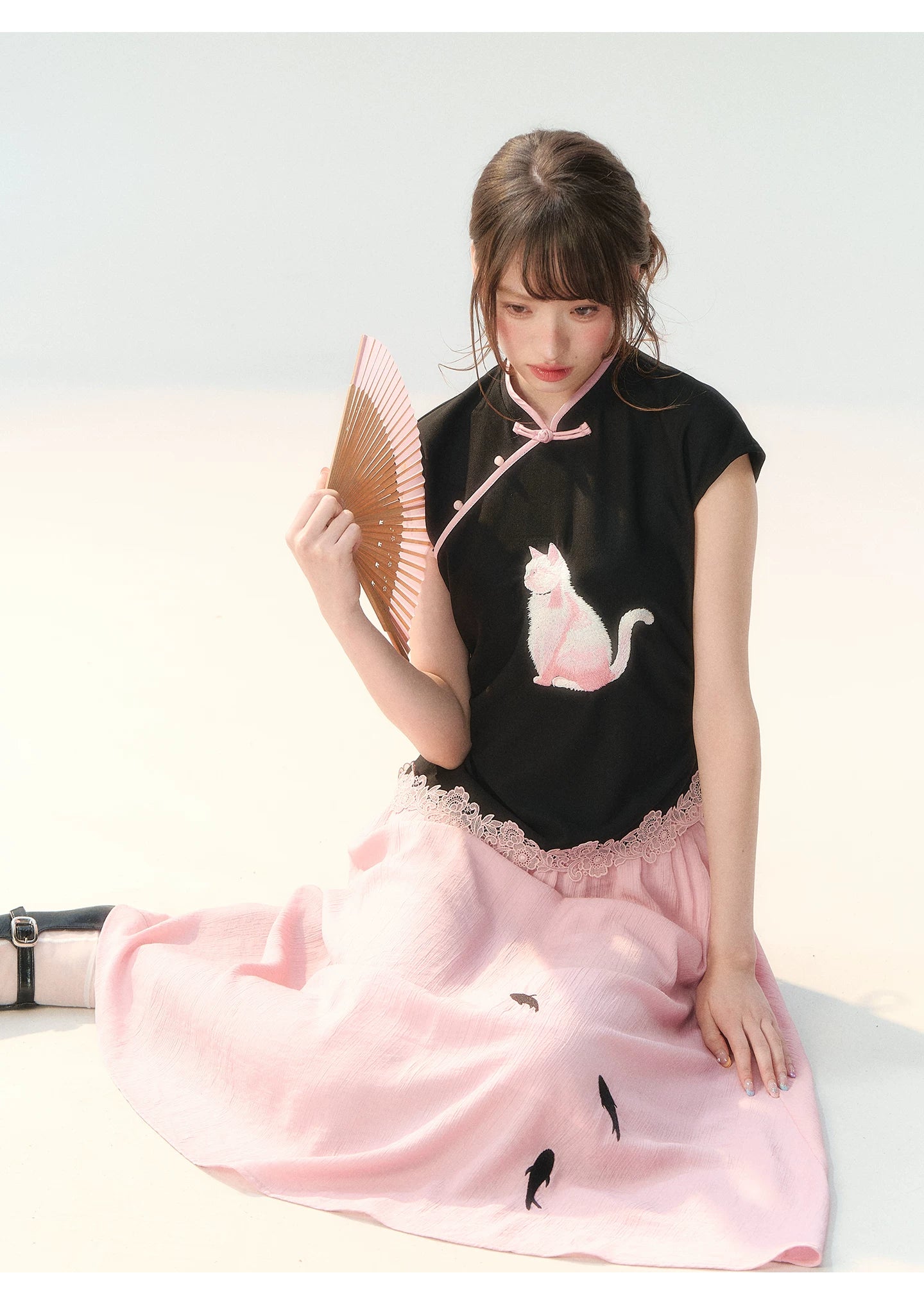 "Pink Letter, Cat’s Silhouette" New Chinese Embroidered Skirt Set SH2026223