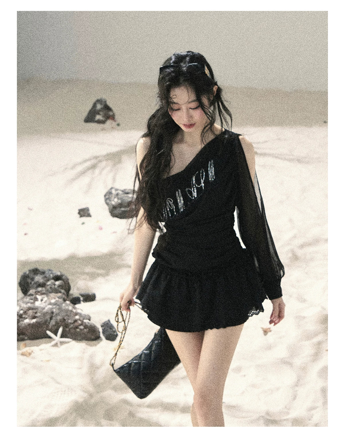 "Scattered Starlight" Midnight Black Off-Shoulder Mesh Waist-Cinched Top
