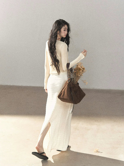 AOMALM - Creamy Ivory Convertible Knit Tube Top & Maxi Skirt Set