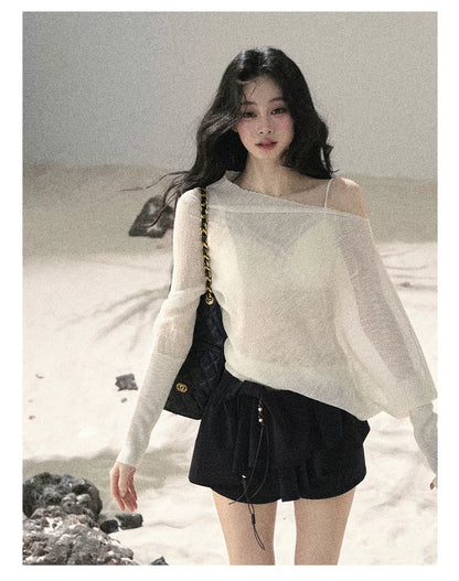 "Misty Veil Whisper" Holland Cheese Off-Shoulder Sheer Sun Protection Top 5345634