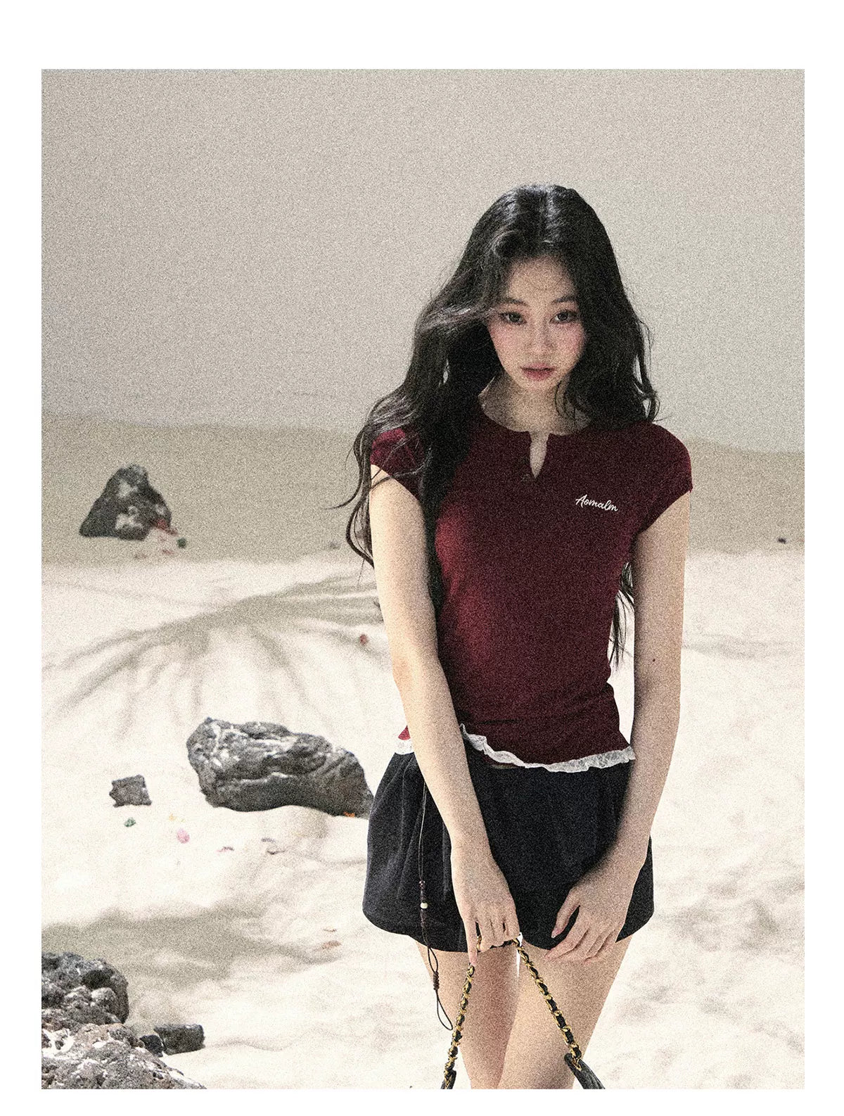 "Letter from the Tides" Burgundy Red Faux Two-Piece Lace Waist-Fit Crop Top 452436