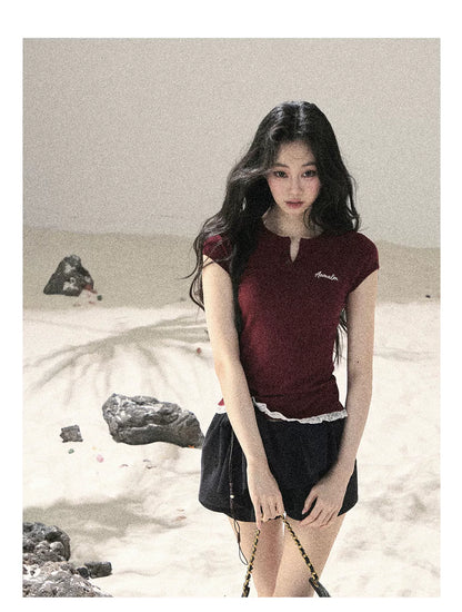 "Letter from the Tides" Burgundy Red Faux Two-Piece Lace Waist-Fit Crop Top 452436