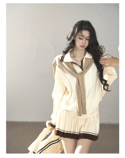 AOMALM - Dutch Cheese Knit Top & Pleated Mini Skirt Set with Khaki Shawl