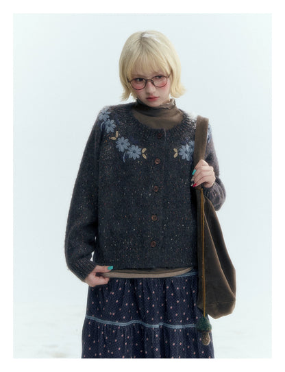 Horridale - Dark Heather Gray Vintage Crochet Flower Knit Cardigan