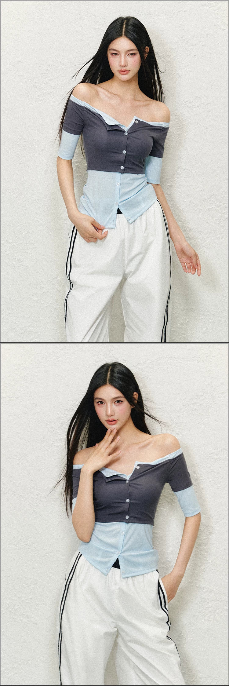 Layered Off-Shoulder Contrast Lyocell Knit Top (Floral White Contrast/ Red & White Stripe/ Gray Blue Contrast)