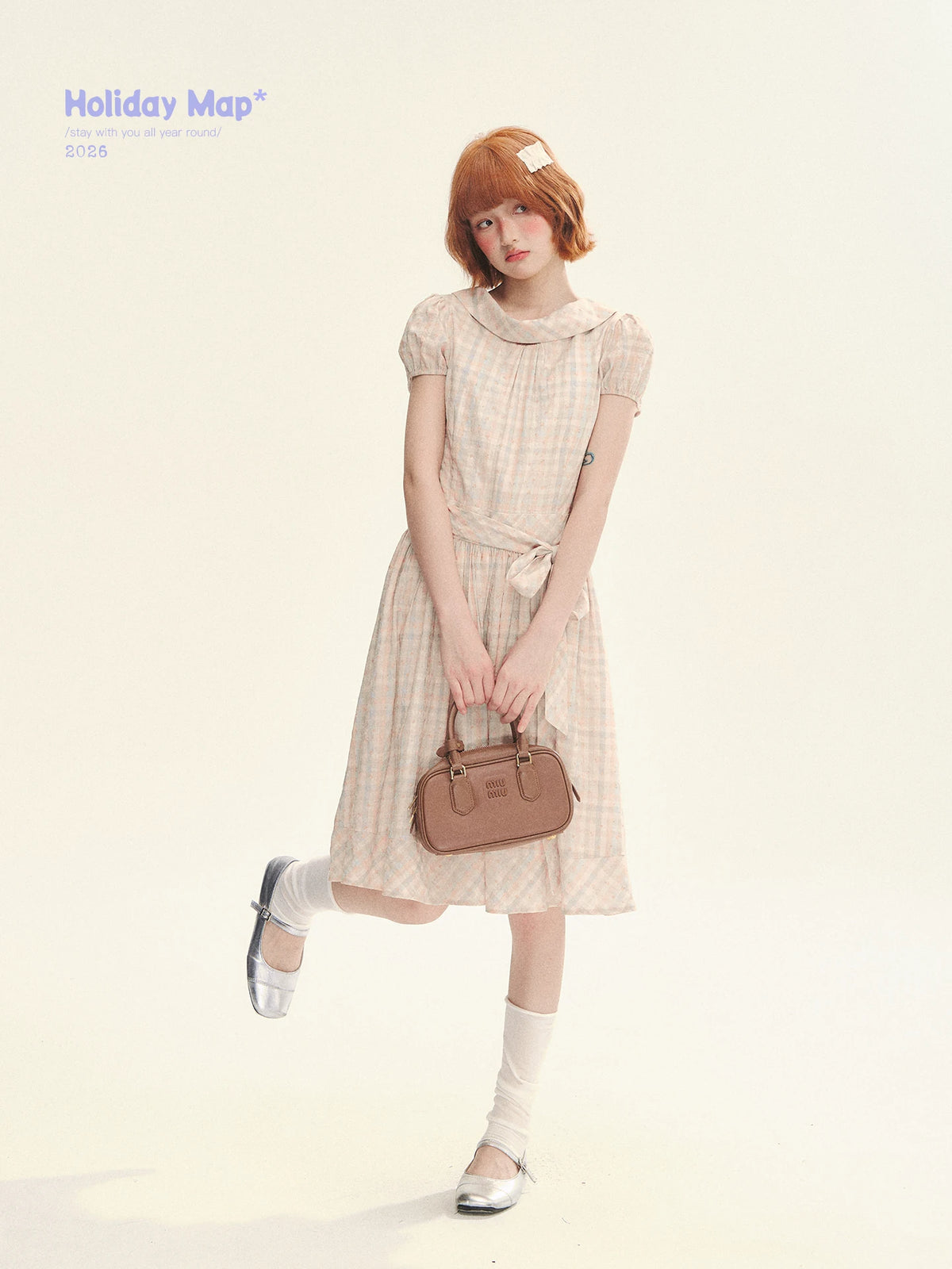 "Showa Girl" Vintage Plaid Floral Print Peter Pan Collar Bow Waist-Defined A-Line Dress