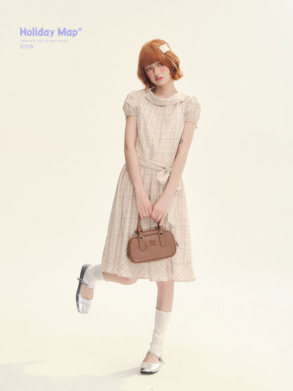 "Showa Girl" Vintage Plaid Floral Print Peter Pan Collar Bow Waist-Defined A-Line Dress