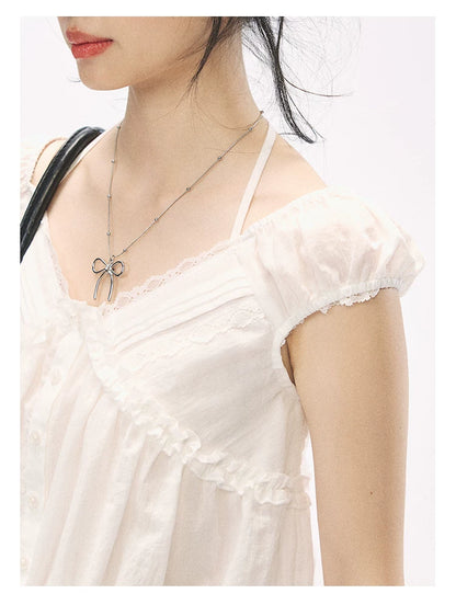 "French Meadow Romance" Ivory Lace Trim Halter Tie V-Neck Cotton Blouse