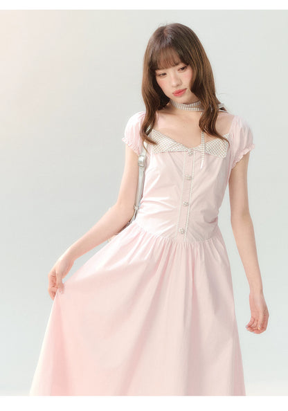 "Sakura Breeze Journal" Blush Pink Plaid Collar Dress LL2026226