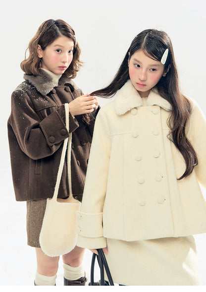 "Berlin Snowfall" Double-Breasted Quilted Wool-Blend Peacoat (Ivory/ Chocolate Brown)