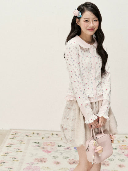 [RF] Waffle Texture Peter Pan Collar Floral Cardigan in Soft Pink
