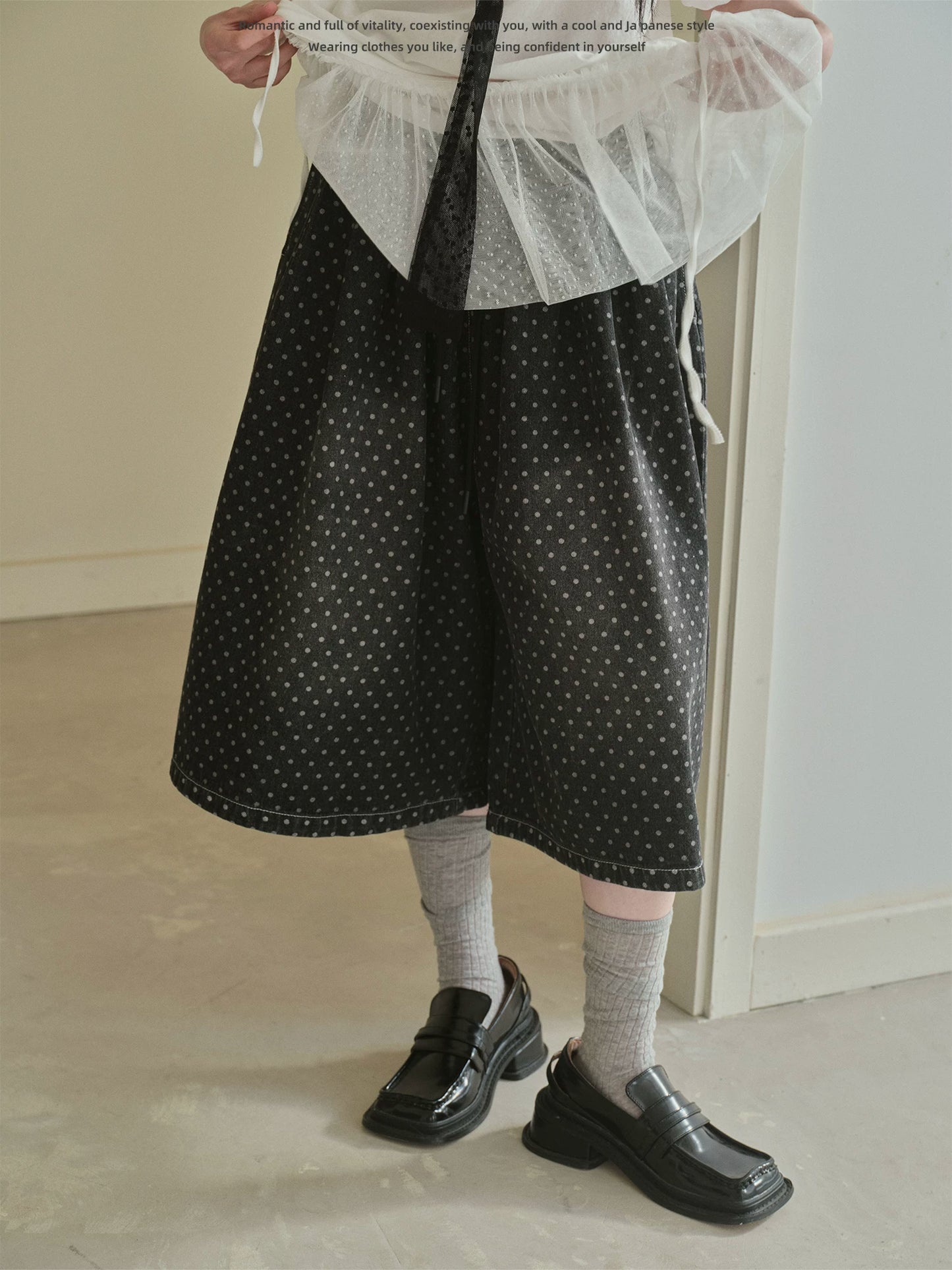 "Midnight Dots" Charcoal Black Polka Dot Cropped Wide Leg Jeans