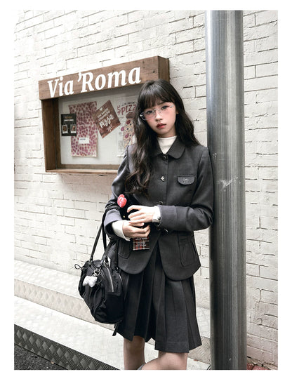 "Grey Finch" Gray Korean Preppy Suit Collection (Blazer / T-Shirt / Box Pleated Skirt)
