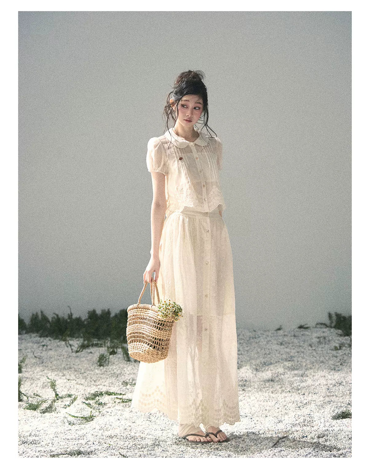 "Apricot Blossom After Rain" Dutch Cheese Lace Blouse & Maxi Skirt Set 532453