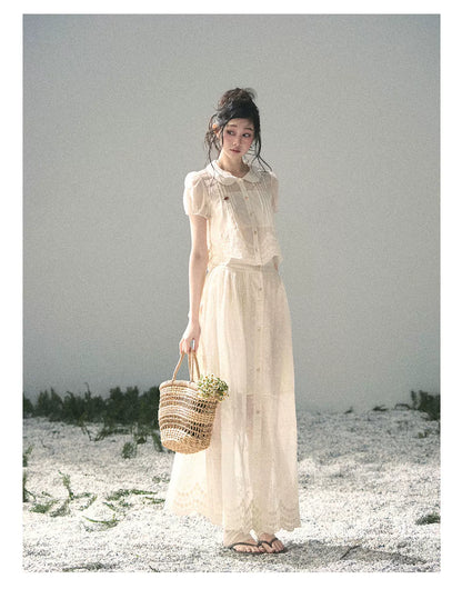 "Apricot Blossom After Rain" Dutch Cheese Lace Blouse & Maxi Skirt Set 532453