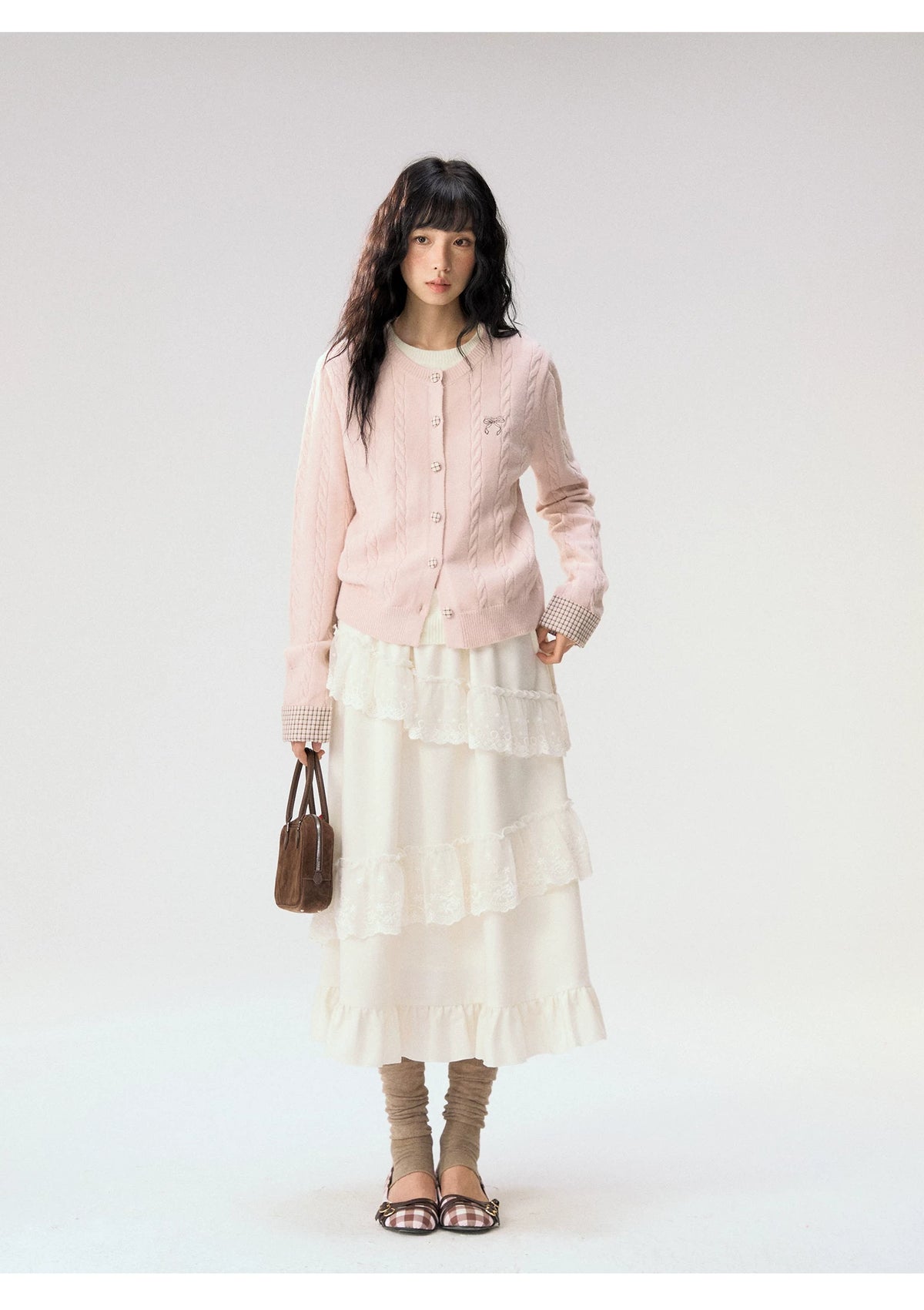 [CAN] "Autumn Letter" Bow Embroidered Faux-Layered Cable Knit Cardigan (Pink & White / Sage Green & Brown)