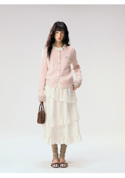 [CAN] "Autumn Letter" Bow Embroidered Faux-Layered Cable Knit Cardigan (Pink & White / Sage Green & Brown)