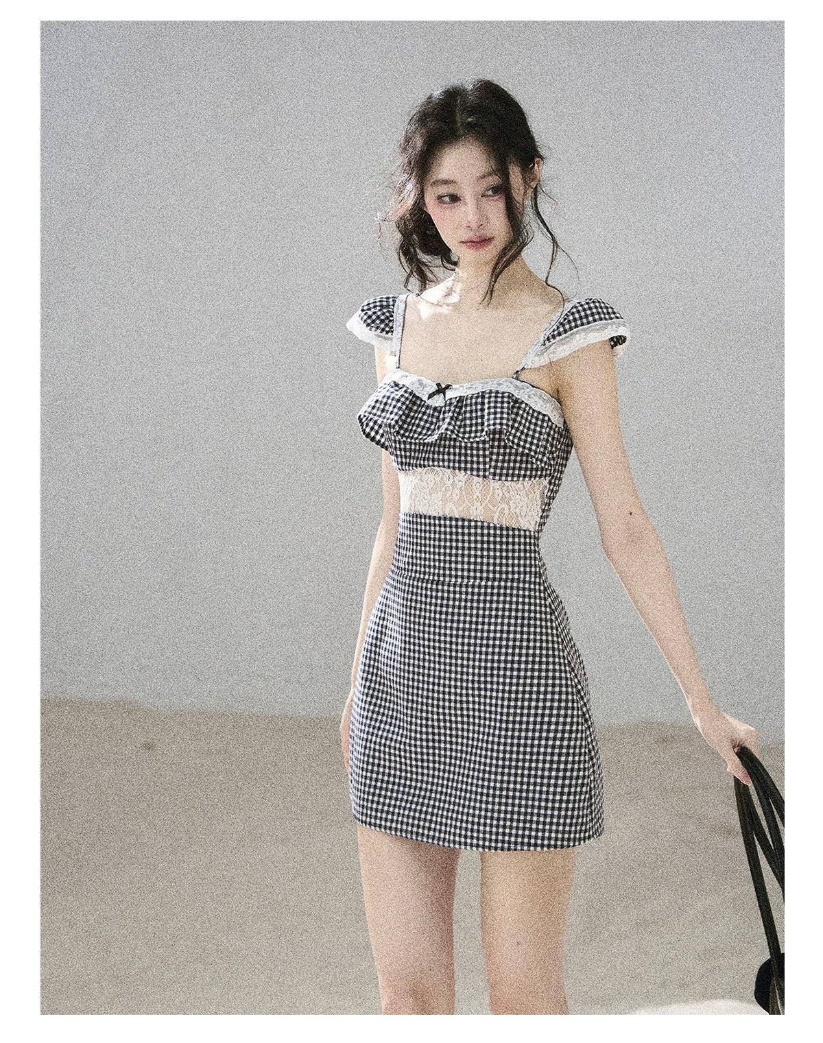 "Her in the Old Film" French Lace Plaid A-Line Mini Dress