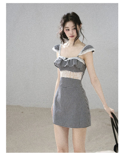"Her in the Old Film" French Lace Plaid A-Line Mini Dress
