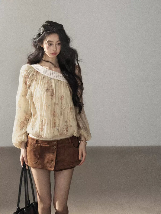 AOMALM - "Laurel's Sigh" Amber Yellow French-Inspired Asymmetrical Shoulder Floral Chiffon Blouse