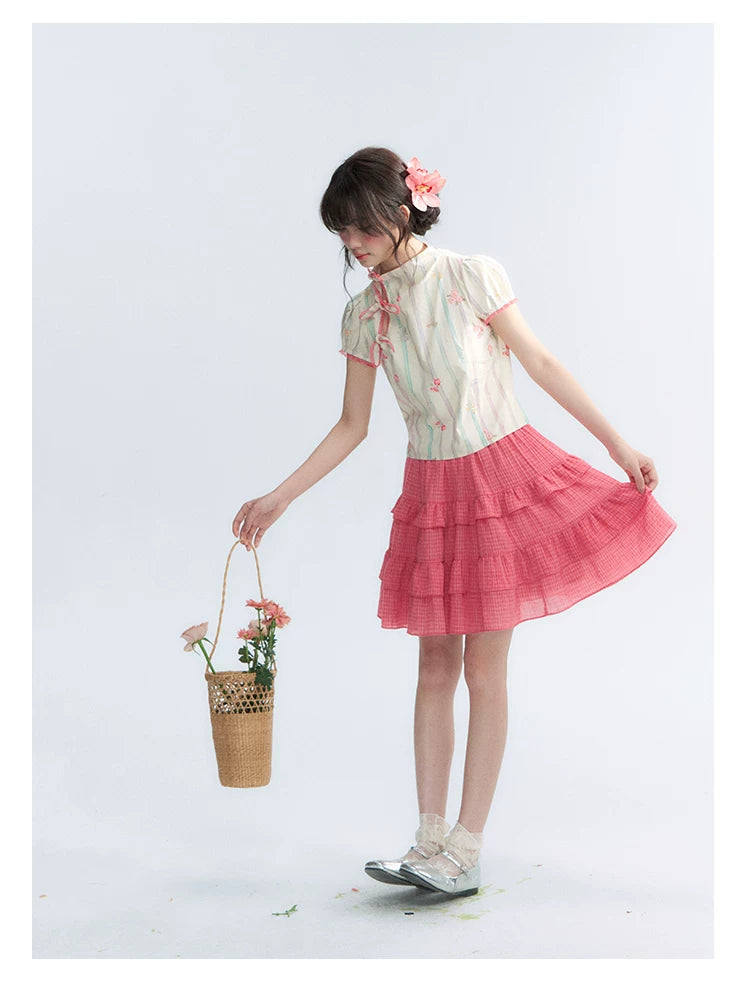 "Peach Blossom" Plum Pink Plaid Tiered A-Line Skirt