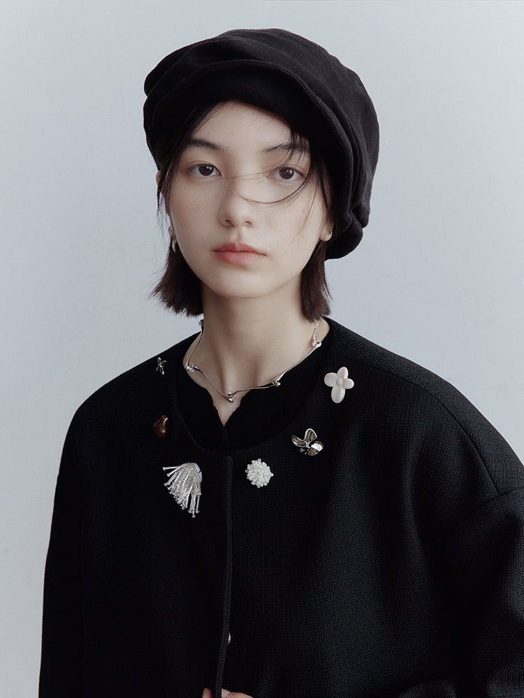 FUSSED Curious Museum Wool Tweed Jacket – Art Button Embellished in Elegant Black FOF-25SS131